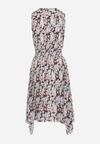Granatowo-Beżowa Bawełniana Sukienka Kopertowa o Rozkloszowanym Kroju w Kwiatowy Print Brosa