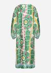 Zielono-Beżowa Satynowa Sukienka Pudełkowa z Rustykalnym Wzorem Xallilena