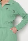 Zielony Komplet Dresowy z Prążkowanego Materiału Bluza z Kołnierzykiem i Spodnie z Gumką w Pasie Kerulla