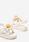Beżowe Sandały Chunky z Ozdobną Aplikacją w Kształcie Pluszowego Kwiatka i Skórzaną Wkładką Jellema