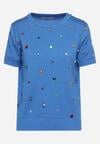 Niebieski Wiskozowy T-shirt Ozdobiony Cyrkoniami Nililena