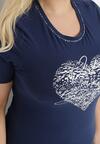 Granatowy Bawełniany T-shirt Koszulka z Krótkim Rękawem i Ozdobnym Nadrukiem Liafara