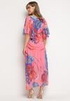 Różowo-Niebieska Rozkloszowana Sukienka z Wiązaniem w Talii i Szerokimi Rękawami Nellanora