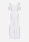 Biała  Rozkloszowana Sukienka z Gumką w Talii i Bufiastymi Rękawami Evulla