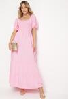 Różowa  Rozkloszowana Sukienka z Gumką w Talii i Bufiastymi Rękawami Evulla