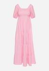 Różowa  Rozkloszowana Sukienka z Gumką w Talii i Bufiastymi Rękawami Evulla