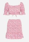 Różowy Letni Komplet Krótka Bluzka Spódniczka z Wysokim Stanem z Falbankami Maribella