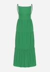 Zielona Rozkloszowana Sukienka na Ramiączkach Zawiązywana z Tyłu z Elastyczną Gumką w Talii Grililena