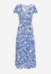 Niebiesko-Biała Sukienka z Wiskozy z Krótkim Rękawem i Ściągaczami w Talii Keneli