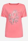 Różowa Bluzka Ozdobiona Cyrkoniami i Metalicznym Nadrukiem Ralilena