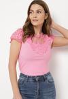 Różowa Koszulka T-shirt z Koronką na Rękawach i Dekolcie Aines