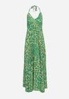 Zielona Wiskozowa Sukienka o Rozkloszowanym Kroju z Wiązaniem na Plecach Canella