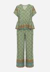 Zielony Letni Komplet z Wiskozy w Mozaikowy Wzór Bluzka i Szerokie Spodnie Latasha