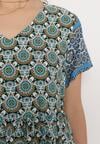 Miętowo-Niebieski Letni Komplet z Wiskozy w Mozaikowy Wzór Bluzka i Szerokie Spodnie Latasha