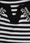 Czarno-Biała Bluzka w Paski z Wiskozy Kołnierzyk Ozdobiony Cyrkoniami i Perełkami Lexara