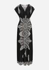 Czarna Sukienka w Ornamentalny Wzór z Kopertowym Dekoltem i Gumką w Talii Elasevia