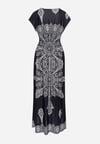 Granatowa Sukienka w Ornamentalny Wzór z Kopertowym Dekoltem i Gumką w Talii Elasevia