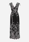 Czarna Sukienka z Ornamentalnym Wzorem Gumką w Talii i Sznurkami na Ramionach Avemina