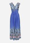 Niebieska Sukienka z Troczkami w Ramionach Rozkloszowana z Dekoltem w V Araxeda