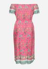 Różowa Bawełniana Sukienka Pudełkowa o Kroju Hiszpanki we Wzór Paisley z Paskiem Materiałowym Lenica