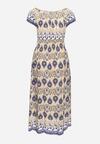 Beżowo-Niebieska Sukienka Bawełniana z Gumką w Talii i Mozaikowym Wzorem Vestra