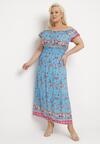 Niebieska Sukienka na Lato Bawełniana Hiszpanka z Wzorem Paisley i Gumką w Pasie Vediana