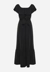 Czarna Sukienka o Rozkloszowanym Fasonie z Hiszpańskim Dekoltem i Materiałowym Paskiem Nacara