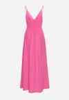 Różowa Sukienka z Kopertowym Dekoltem na Cienkich Ramiączkach Piamena