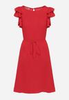 Czerwona Trapezowa Sukienka z Krótkim Rękawem z Falbankami Wiązana Cienkim Paskiem Rissalia