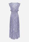 Niebieska Bawełniana Sukienka z Metalicznym Nadrukiem z Gumkami w Pasie z Kopertowym Dekoltem Folia