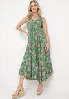 Zielona Sukienka z Wzorem Paisley i Rozkloszowanym Dołem Biamira