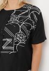 Czarna Bawełniana Bluzka T-shirt z Krótkim Rękawem z Nadrukiem i Guzikami Fiomara