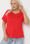 Czerwony T-shirt Koszulka z Krótkim Rękawem z Dekoltem Ozdobionym Koronką i Cyrkoniami Lovita