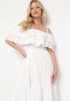 Biała Sukienka Bawełniana z Hiszpańskim Dekoltem z Falbaną Uvilora