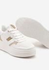 Biało-Złote Sneakersy za Kostkę z Imitacji Skóry ze Sznurowaniami i Perforacją Uzimena