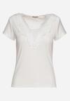 Biały Bawełniany T-shirt Koszulka z Krótkim Rękawem z Koronką przy Rękawach i Dekolcie Fiadella