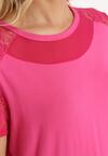 Różowa Koszulka T-shirt z Wiskozy z Krótkim Rękawem i Koronką Relliara