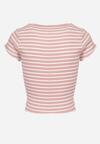 Różowy Bawełniany T-shirt Prążkowany o Krótkim Kroju Quedara