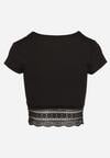 Czarny T-shirt Top z Krótkim Rękawem z Dołem Ozdobionym Koronką Vavilla