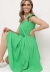 Zielona Sukienka na Ramiączkach z Falbankami o Rozkloszowanym Kroju Ebisena