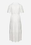 Biała Ażurowa Sukienka z Bawełny Przewiązywana w Talii z Guzikami Pariena