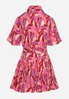Różowa Koszulowa Sukienka w Abstrakcyjny Print Wiązana w Talii z Rozkloszowanym Dołem Ebiara