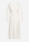 Biała Bawełniana Sukienka z Koronkowymi Akcentami z Gumką w Pasie i Materiałowym Paskiem Jariena