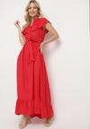 Czerwona Rozkloszowana Sukienka z Wiskozą Ozdobiona Falbankami Zapinana na Guziki z Dodatkowym Materiałowym Paskiem Ganesia