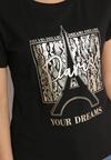 Czarny Bawełniany Klasyczny T-shirt Ozdobiony z Przodu Metalicznym Nadrukiem Timazela