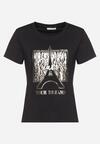 Czarny Bawełniany Klasyczny T-shirt Ozdobiony z Przodu Metalicznym Nadrukiem Timazela