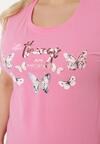 Różowy Bawełniany T-shirt Koszulka z Krótkim Rękawem z Nadrukiem i Cyrkoniami Qumara