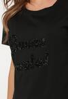 Czarny Bawełniany T-shirt z Ozdobnym Napisem z Cyrkonii Tiavalia