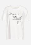 Biały Klasyczny Bawełniany T-shirt z Krótkim Rękawem z Nadrukiem Ozdobiony Perełkami Tiavenna