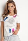 Biały Bawełniany T-shirt z Krótkim Rękawem Ozdobiony Nadrukiem z Cyrkoniami Abilena